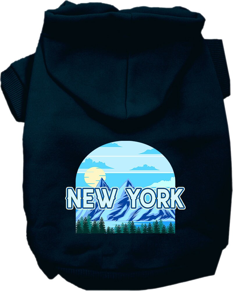 A small to medium pet wearing a stylish New York Trailblazer hoodie, showcasing its soft fabric and convenient leash access hole.
