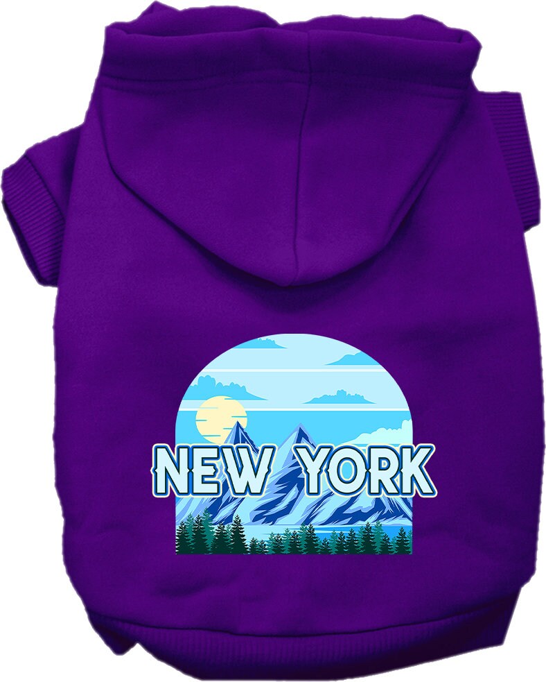 A small to medium pet wearing a stylish New York Trailblazer hoodie, showcasing its soft fabric and convenient leash access hole.