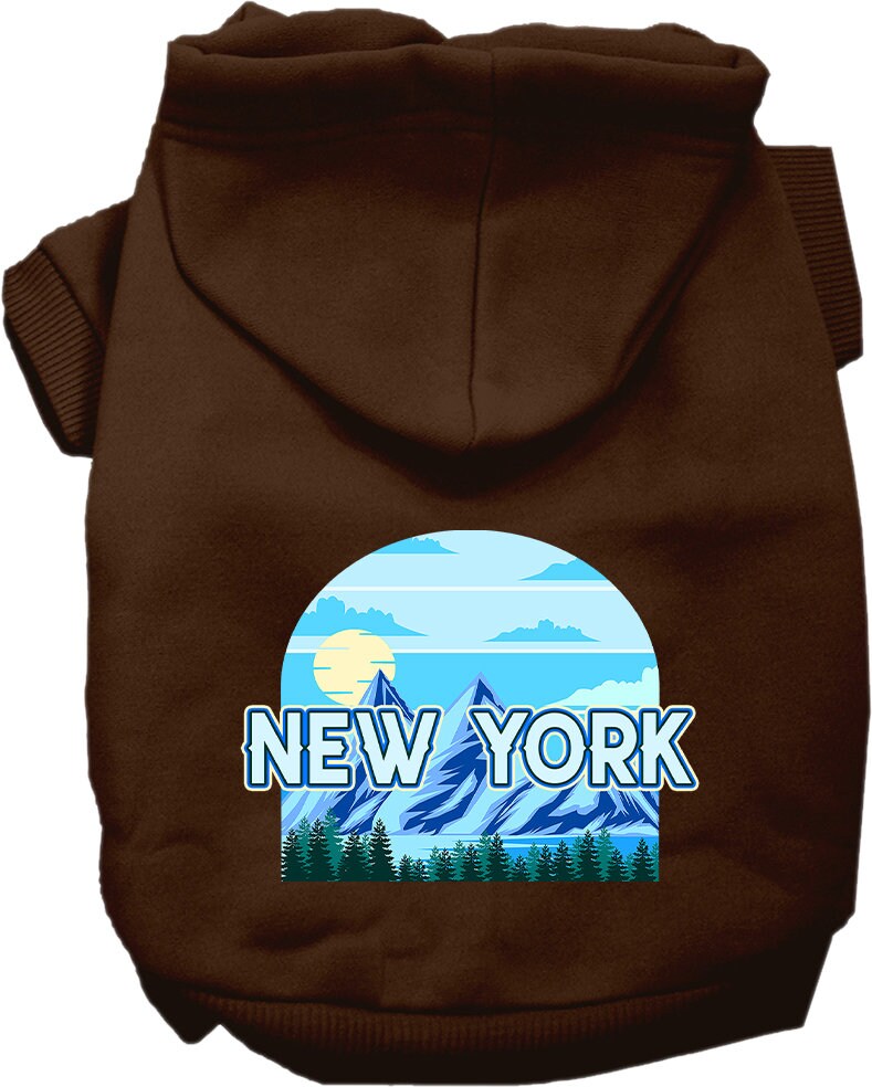 A small to medium pet wearing a stylish New York Trailblazer hoodie, showcasing its soft fabric and convenient leash access hole.