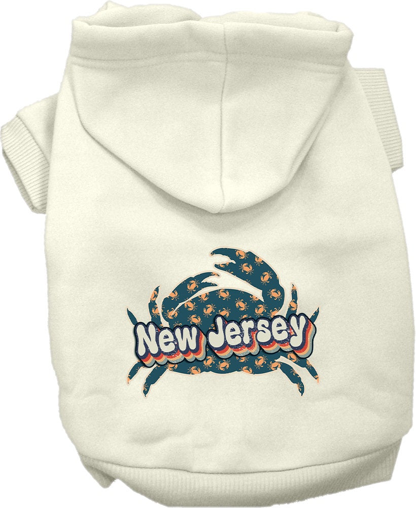 A cozy screen printed hoodie for small to medium pets featuring a New Jersey Retro Crabs design, perfect for stylish walks.