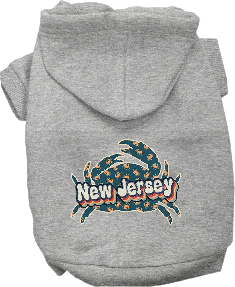 A cozy screen printed hoodie for small to medium pets featuring a New Jersey Retro Crabs design, perfect for stylish walks.