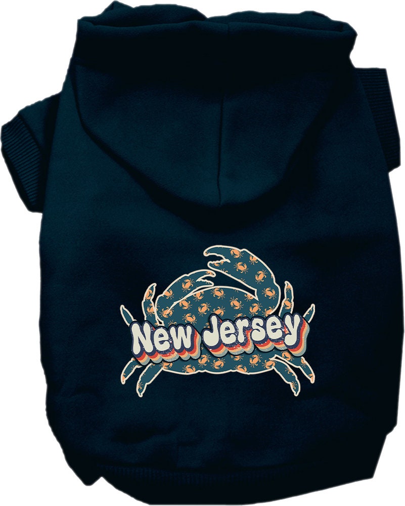 A cozy screen printed hoodie for small to medium pets featuring a New Jersey Retro Crabs design, perfect for stylish walks.