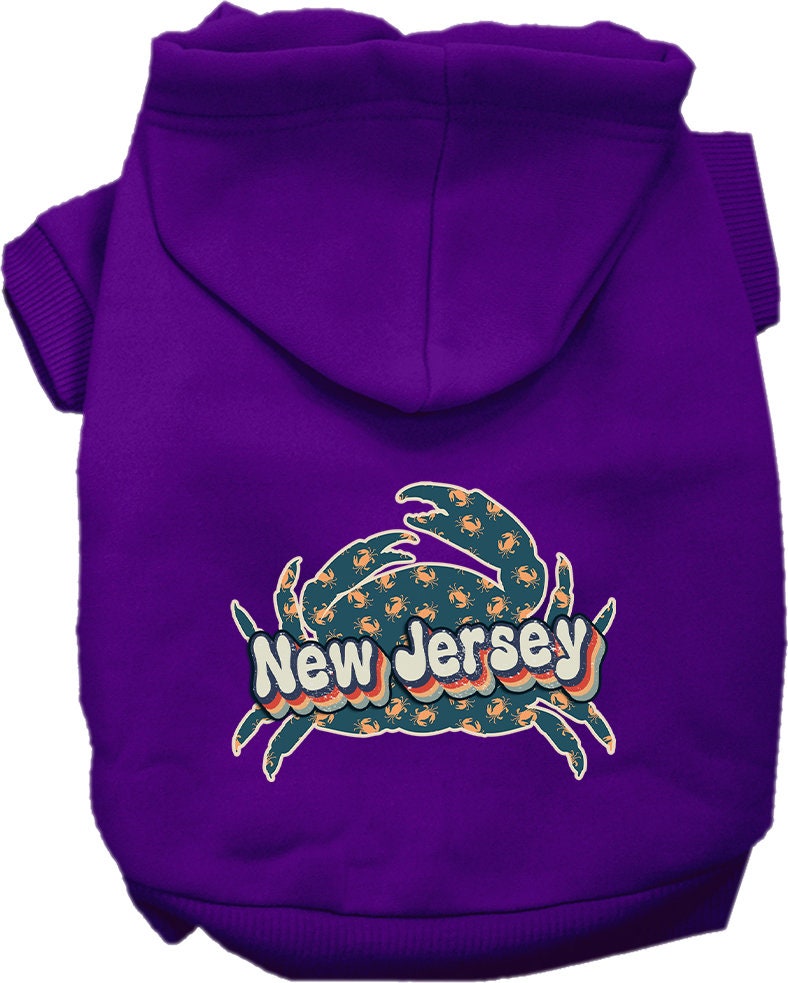 A cozy screen printed hoodie for small to medium pets featuring a New Jersey Retro Crabs design, perfect for stylish walks.