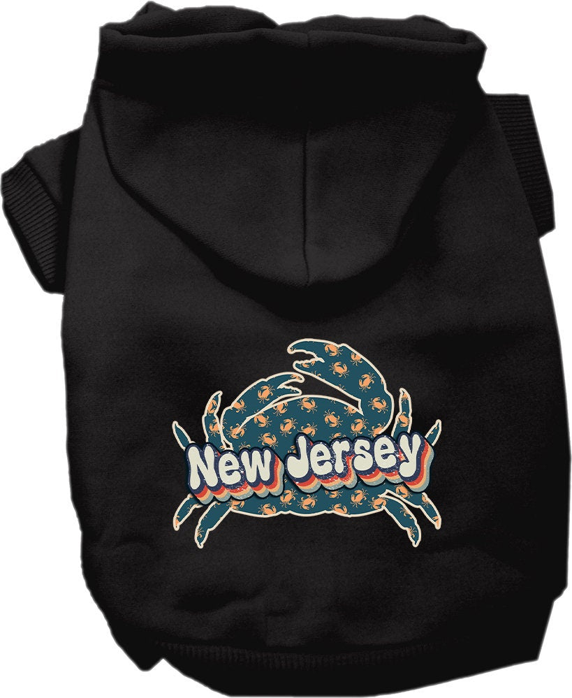 A cozy screen printed hoodie for small to medium pets featuring a New Jersey Retro Crabs design, perfect for stylish walks.