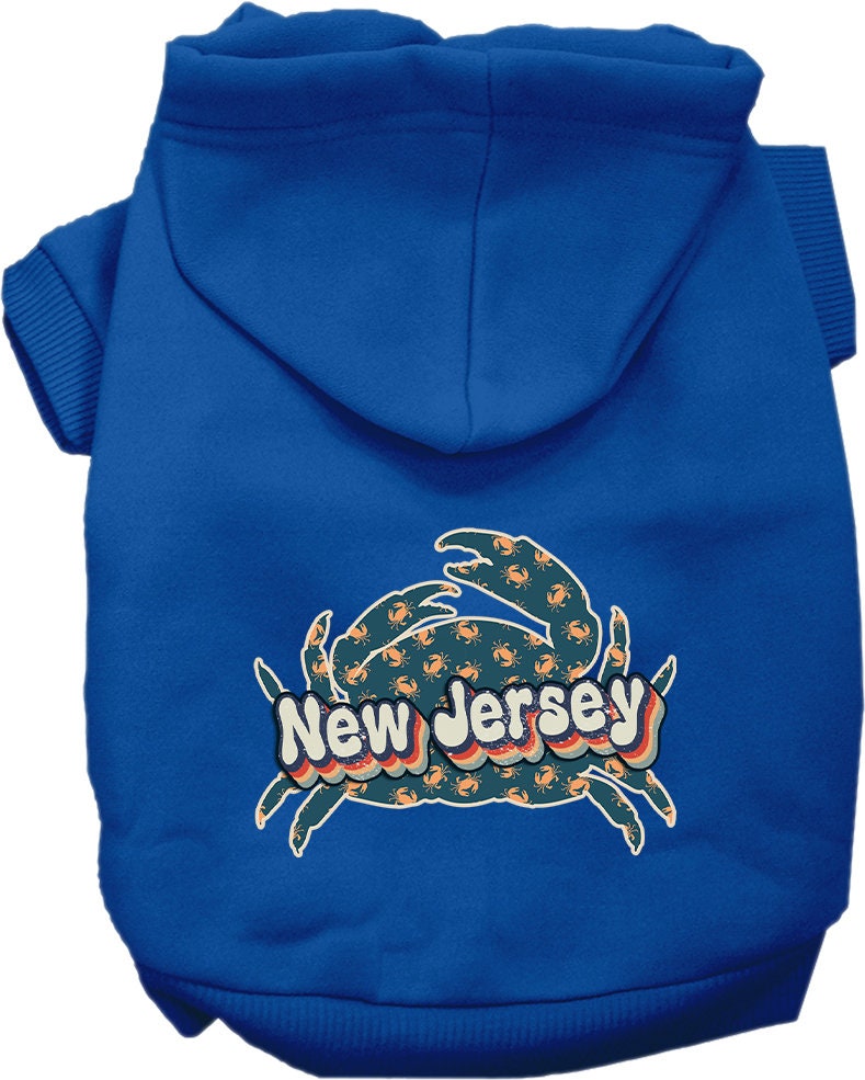 A cozy screen printed hoodie for small to medium pets featuring a New Jersey Retro Crabs design, perfect for stylish walks.