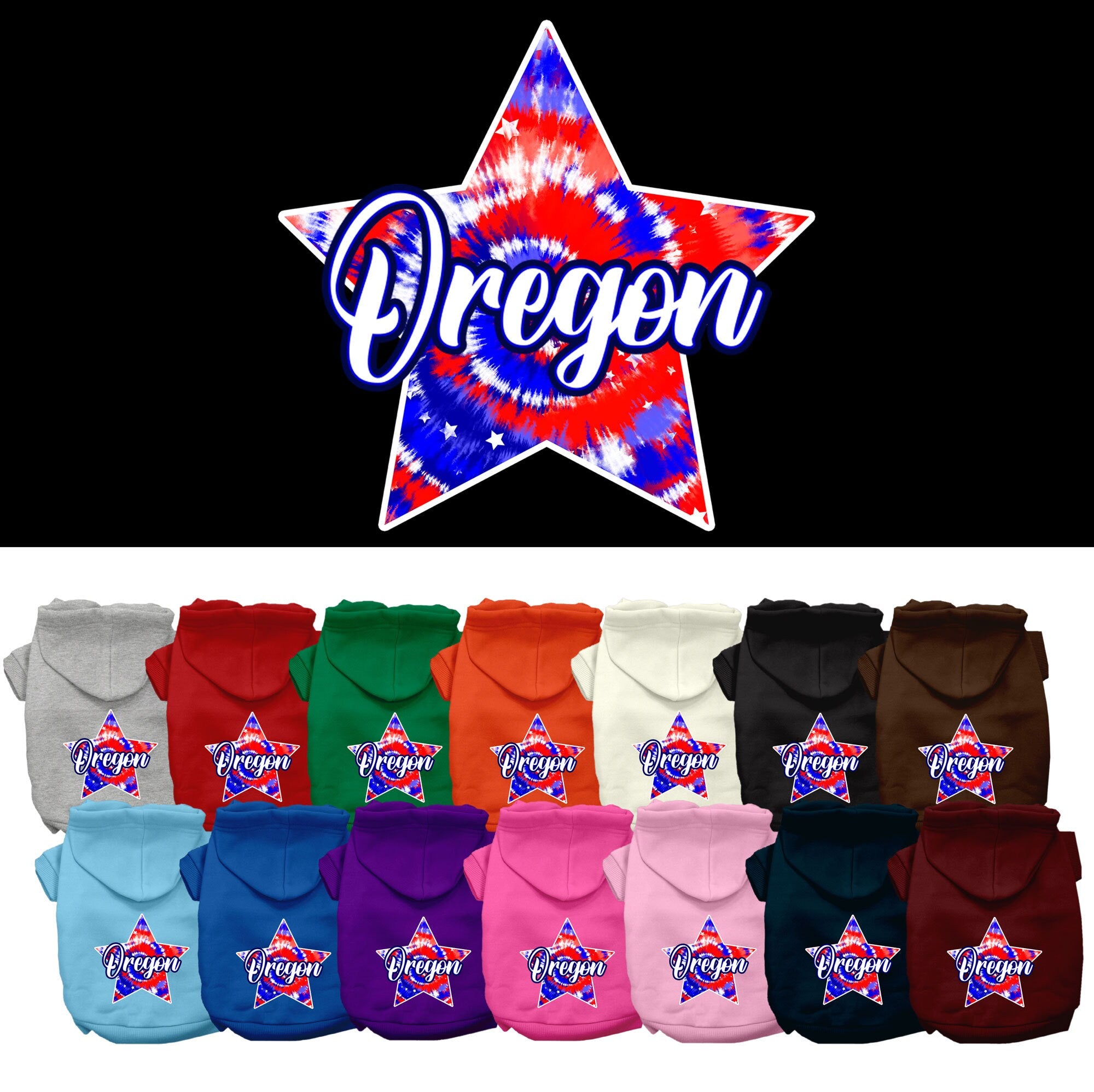 A small to medium pet wearing a colorful Oregon Patriotic Tie Dye hoodie, showcasing its soft fabric and convenient leash access hole.
