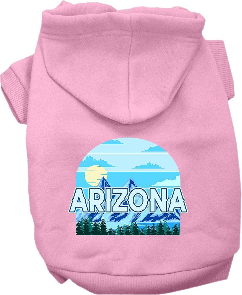 A small to medium pet wearing a soft and warm screen printed hoodie, featuring the 'Arizona Trailblazer' design, perfect for chilly weather.