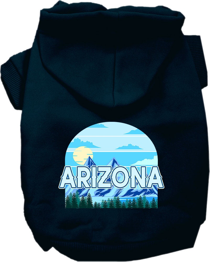 A small to medium pet wearing a soft and warm screen printed hoodie, featuring the 'Arizona Trailblazer' design, perfect for chilly weather.