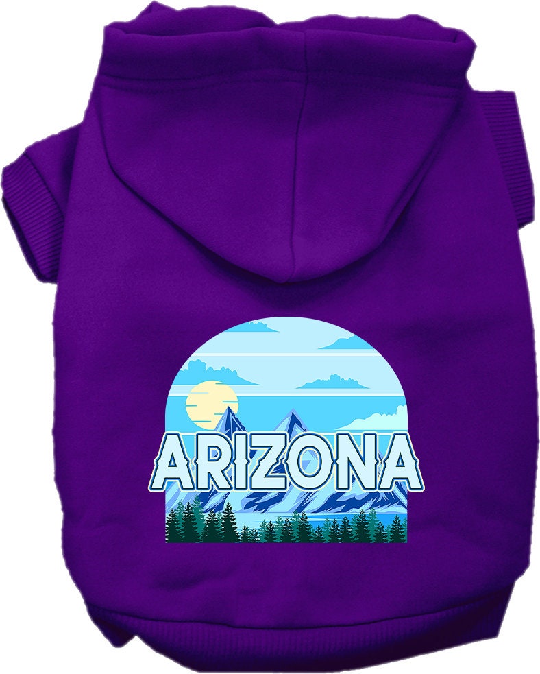 A small to medium pet wearing a soft and warm screen printed hoodie, featuring the 'Arizona Trailblazer' design, perfect for chilly weather.