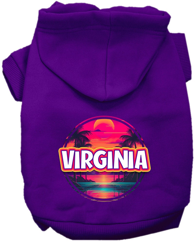 A cozy pet hoodie featuring a vibrant Virginia Neon Beach Sunset design, perfect for small to medium dogs and cats.