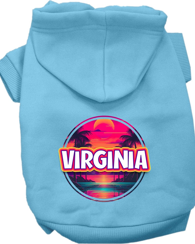 A cozy pet hoodie featuring a vibrant Virginia Neon Beach Sunset design, perfect for small to medium dogs and cats.