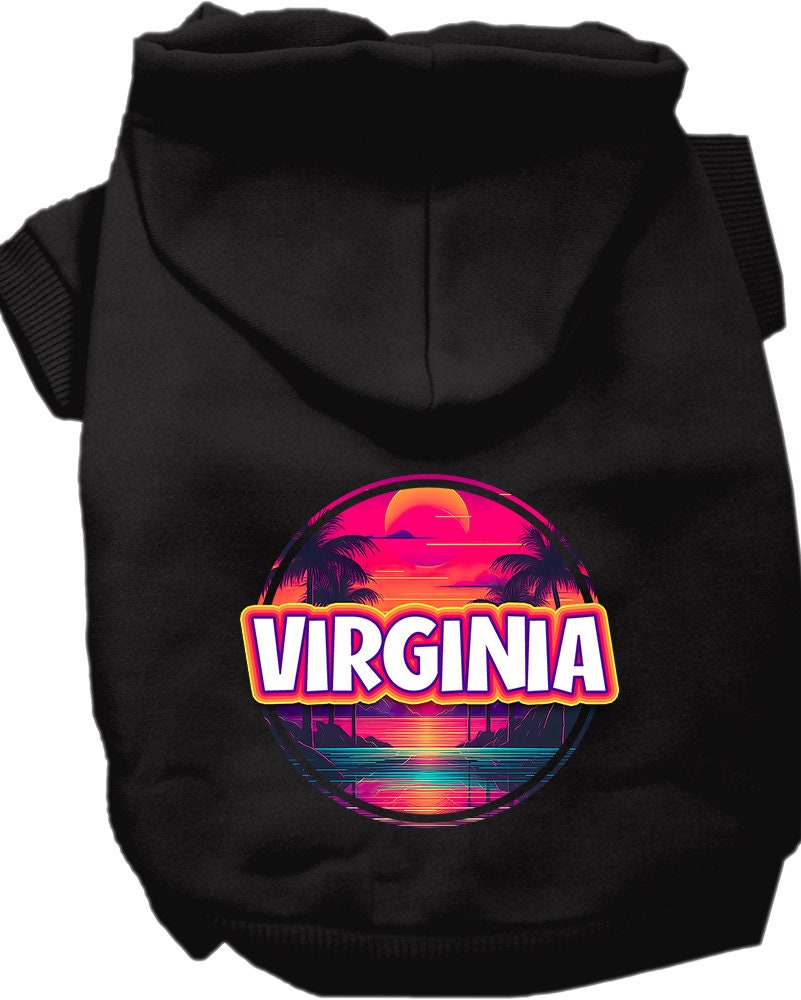 A cozy pet hoodie featuring a vibrant Virginia Neon Beach Sunset design, perfect for small to medium dogs and cats.