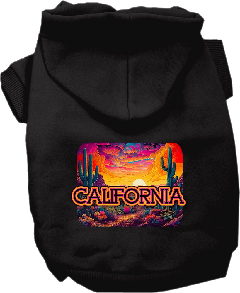 A small to medium pet wearing a California Neon Desert hoodie, showcasing vibrant colors and a stylish design.