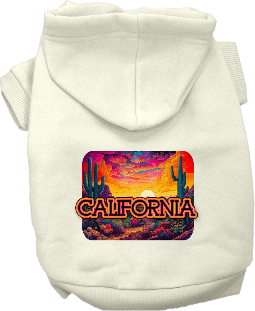 A small to medium pet wearing a California Neon Desert hoodie, showcasing vibrant colors and a stylish design.
