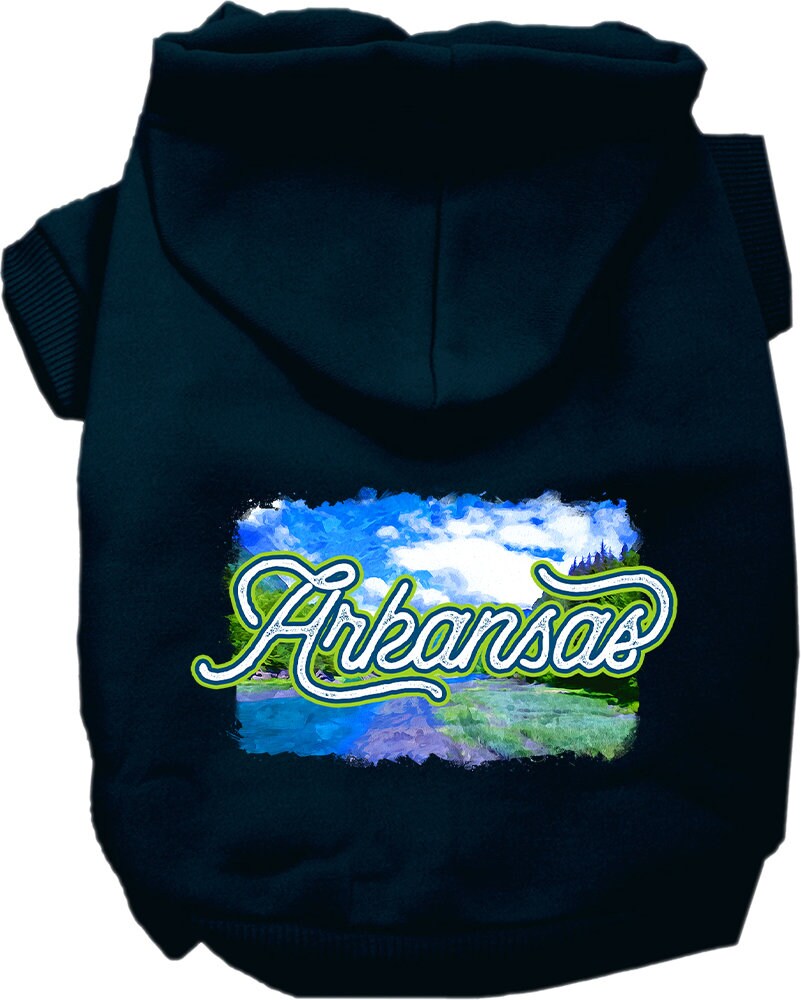 A cozy screen printed hoodie for small to medium pets, featuring the Arkansas Summer design, perfect for dogs and cats.