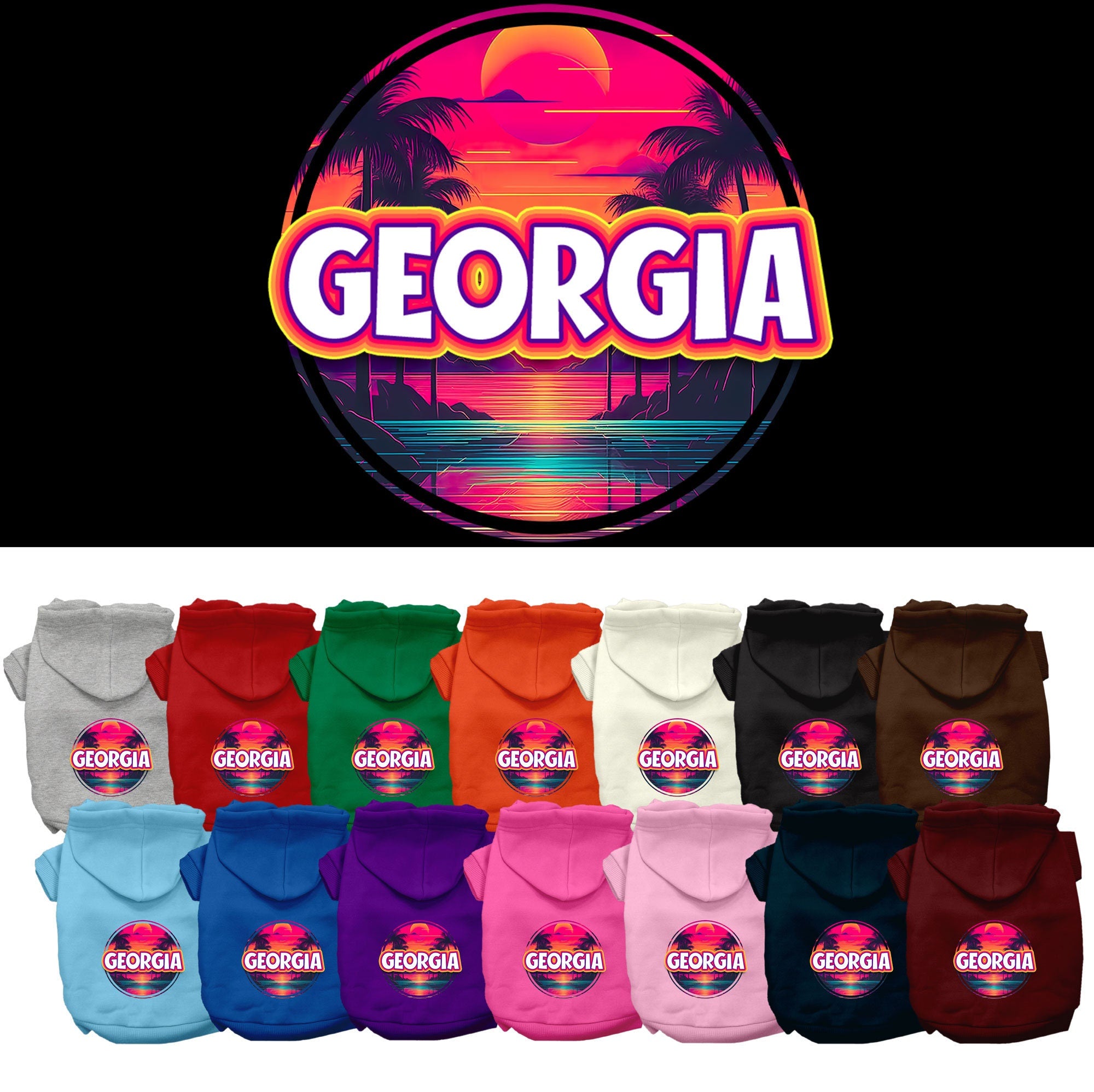 A small to medium pet wearing a vibrant Georgia Neon Beach Sunset hoodie, showcasing its soft fabric and stylish design.