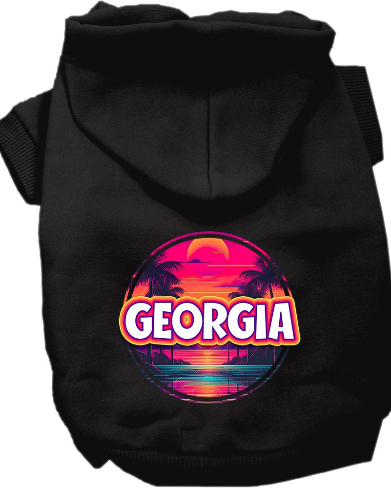 A small to medium pet wearing a vibrant Georgia Neon Beach Sunset hoodie, showcasing its soft fabric and stylish design.