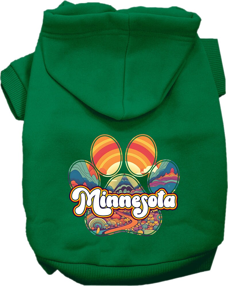 A cozy screen printed hoodie for small to medium pets, featuring a Minnesota Groovy Summit design, perfect for dogs and cats.