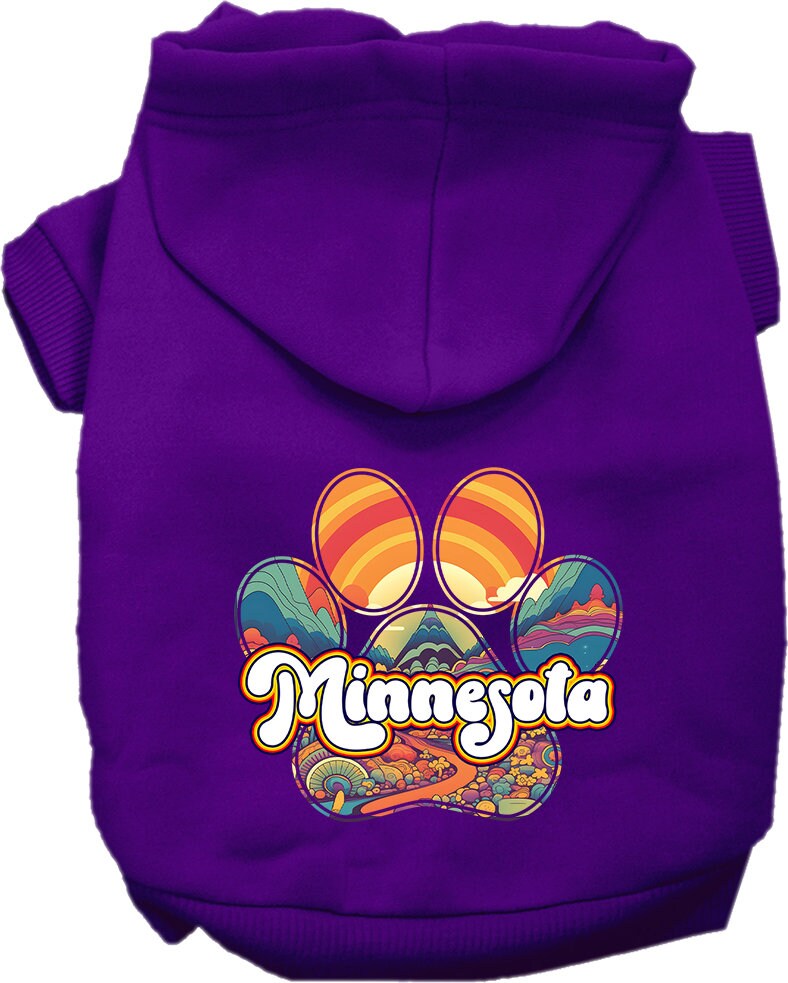 A cozy screen printed hoodie for small to medium pets, featuring a Minnesota Groovy Summit design, perfect for dogs and cats.