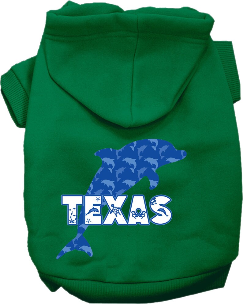 A cozy screen printed hoodie for small to medium pets featuring a Texas Blue Dolphins design, perfect for stylish warmth.