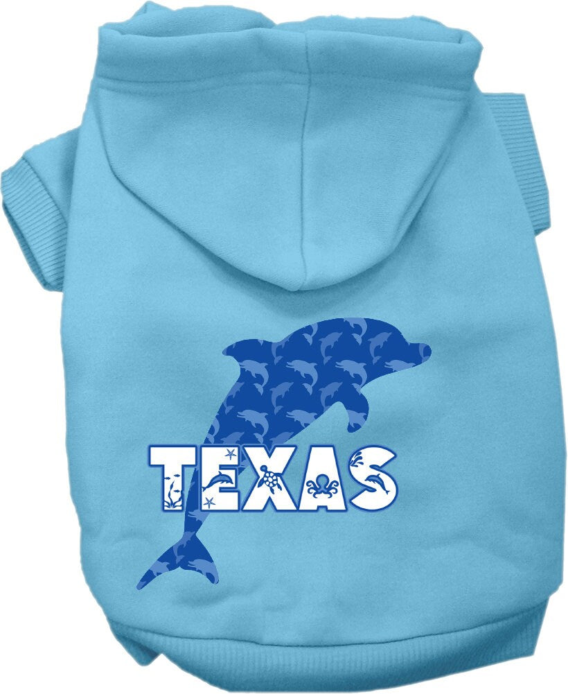A cozy screen printed hoodie for small to medium pets featuring a Texas Blue Dolphins design, perfect for stylish warmth.