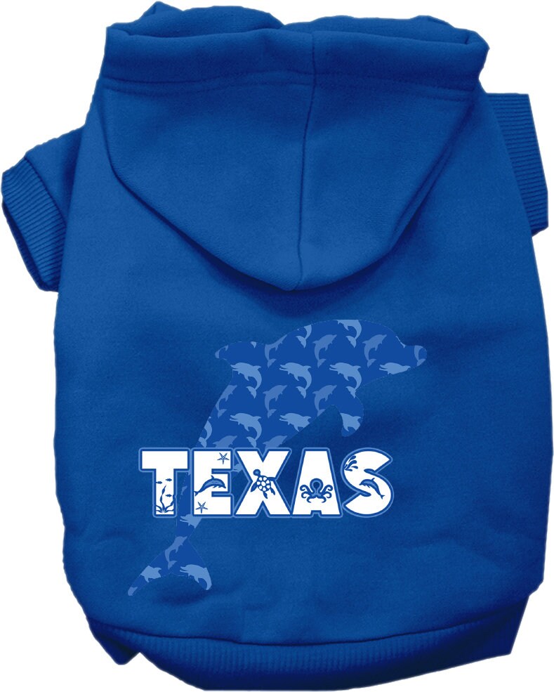 A cozy screen printed hoodie for small to medium pets featuring a Texas Blue Dolphins design, perfect for stylish warmth.