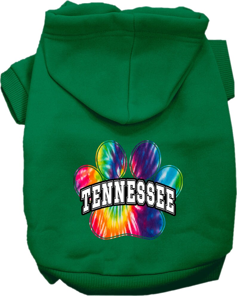 A vibrant Tennessee Bright Tie Dye hoodie designed for small to medium dogs and cats, showcasing its soft fabric and convenient leash access hole.