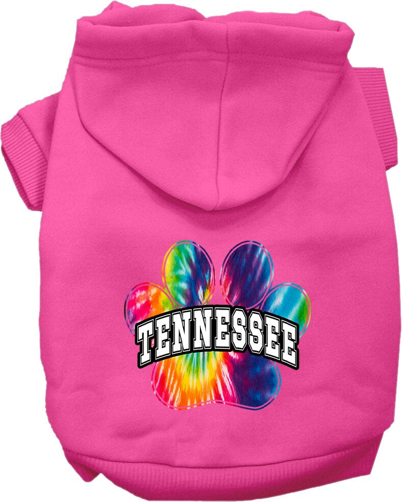 A vibrant Tennessee Bright Tie Dye hoodie designed for small to medium dogs and cats, showcasing its soft fabric and convenient leash access hole.
