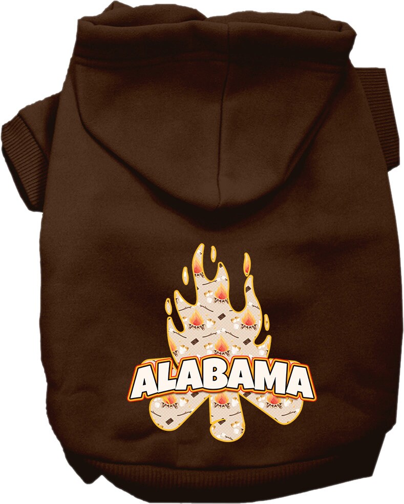 A cozy screen printed hoodie for small to medium pets featuring the 'Alabama Around The Campfire' design, perfect for chilly weather.