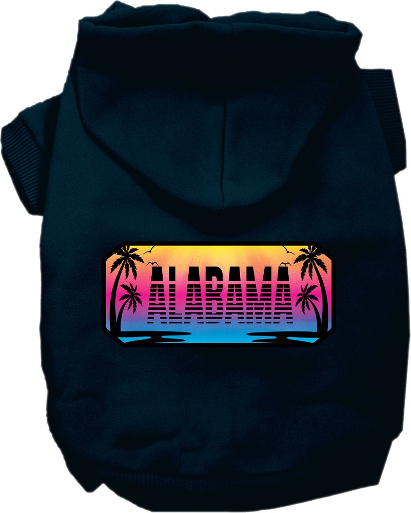 A small to medium pet wearing a cozy screen printed hoodie with Alabama Beach Shades design, showcasing its soft fabric and convenient leash access hole.