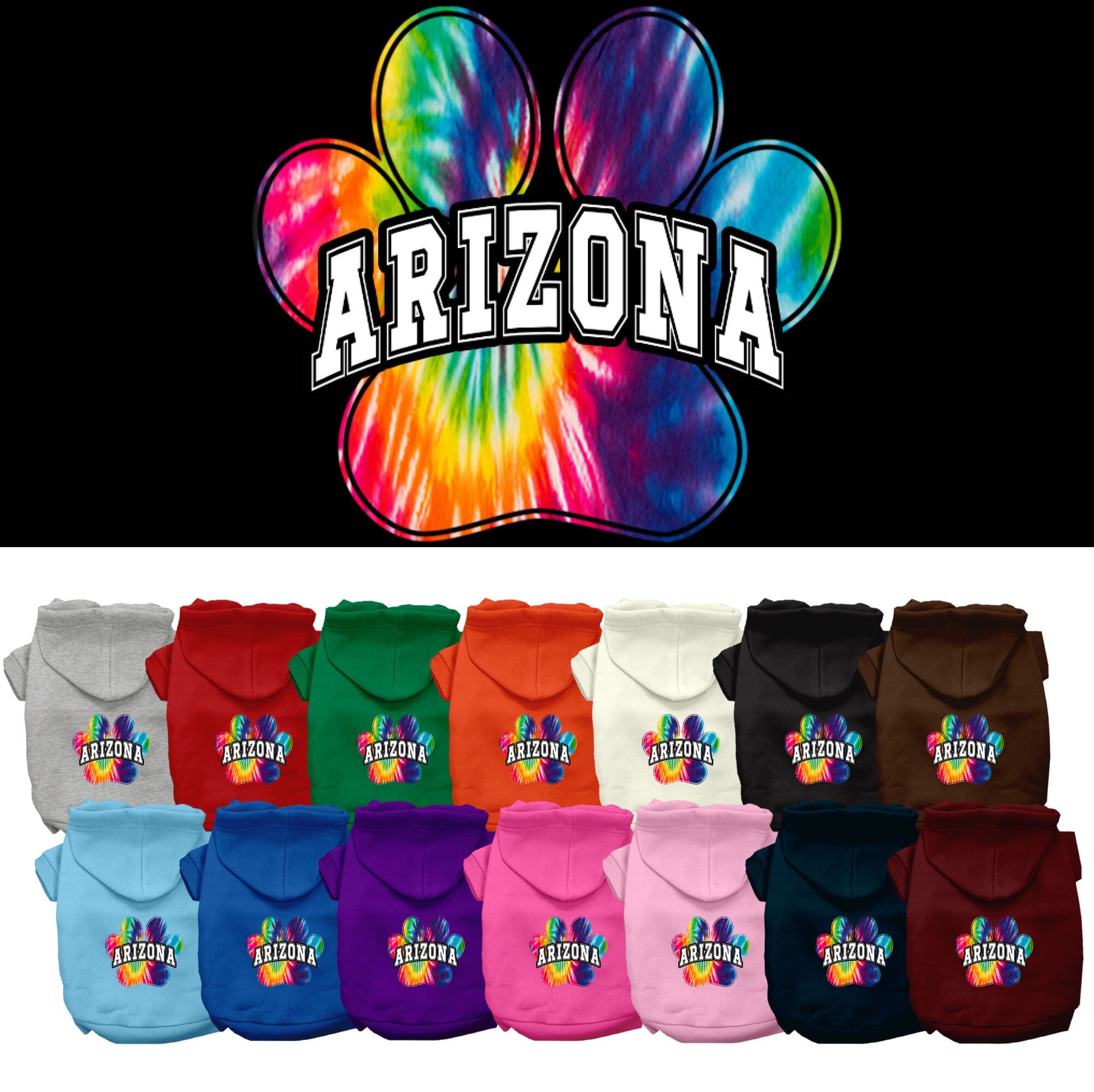 A vibrant Arizona Bright Tie Dye hoodie for small to medium dogs and cats, showcasing its soft fabric and convenient leash access hole.