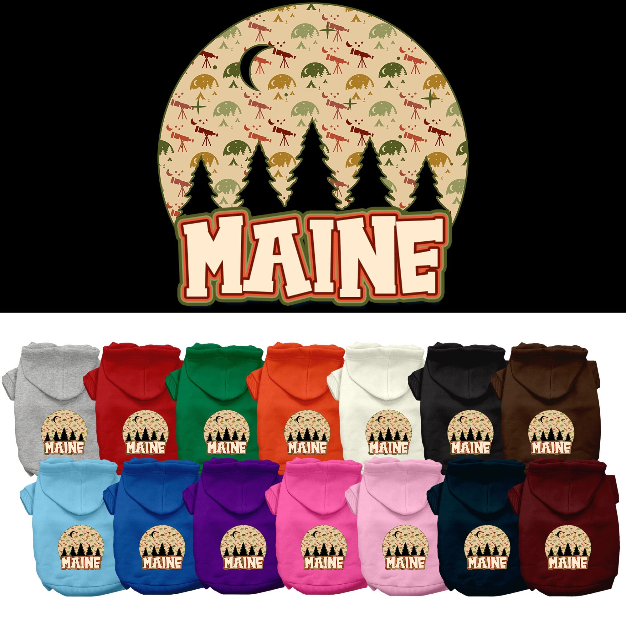 A cozy screen printed hoodie for small to medium pets featuring a 'Maine Under The Stars' design, showcasing its soft fabric and convenient leash access hole.