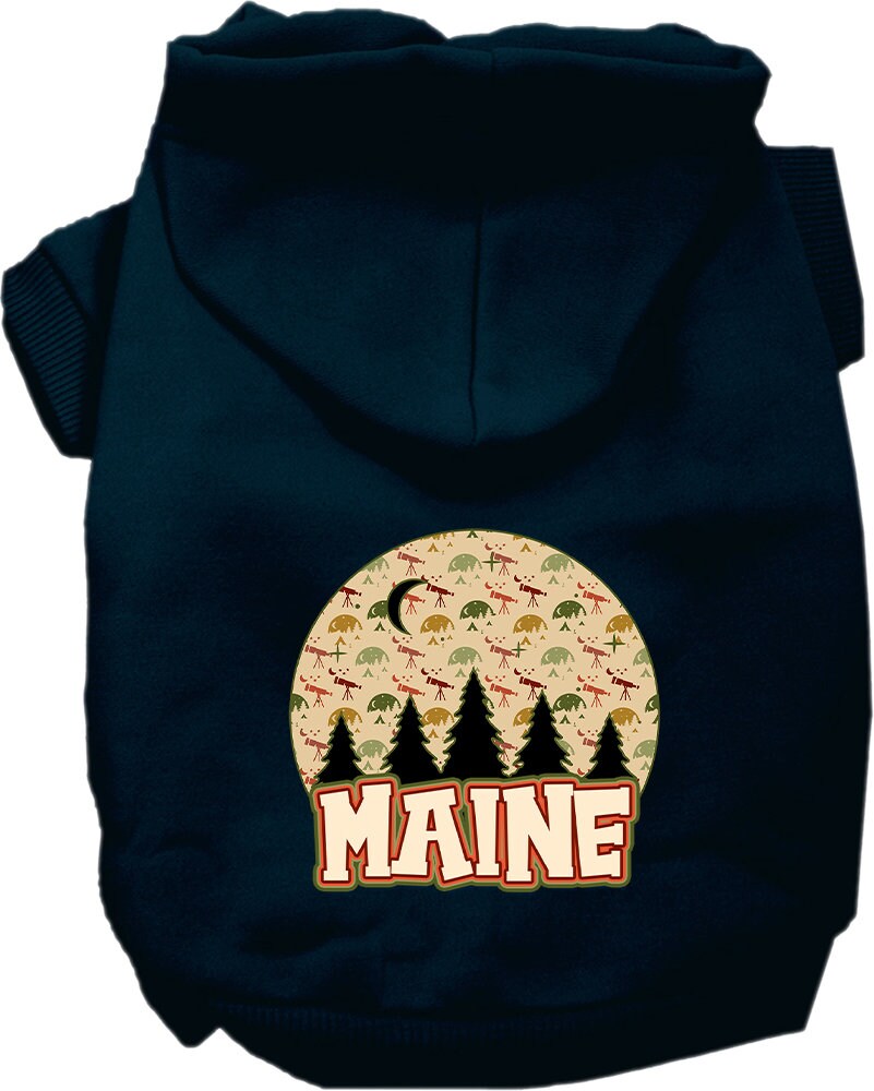 A cozy screen printed hoodie for small to medium pets featuring a 'Maine Under The Stars' design, showcasing its soft fabric and convenient leash access hole.