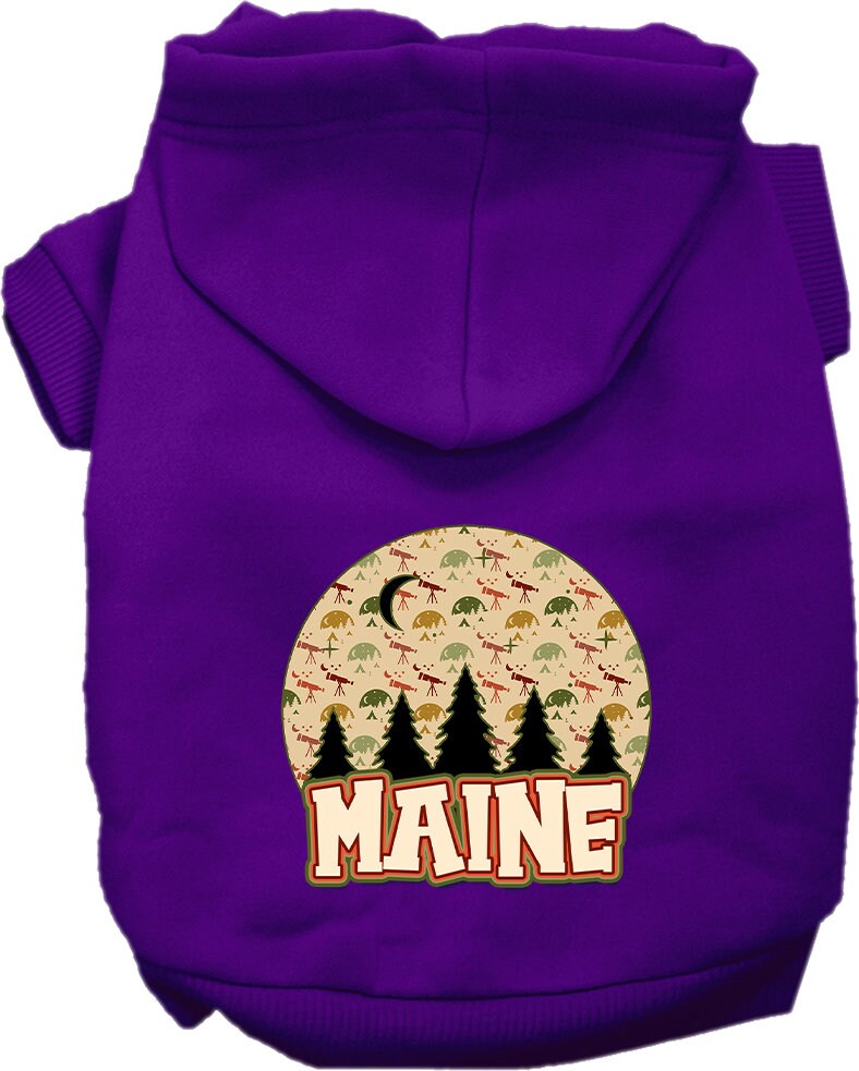 A cozy screen printed hoodie for small to medium pets featuring a 'Maine Under The Stars' design, showcasing its soft fabric and convenient leash access hole.
