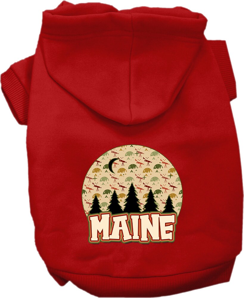 A cozy screen printed hoodie for small to medium pets featuring a 'Maine Under The Stars' design, showcasing its soft fabric and convenient leash access hole.