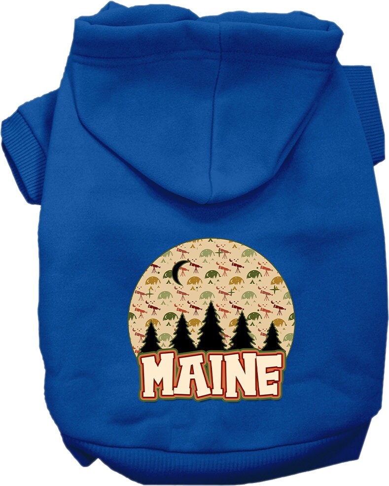 A cozy screen printed hoodie for small to medium pets featuring a 'Maine Under The Stars' design, showcasing its soft fabric and convenient leash access hole.