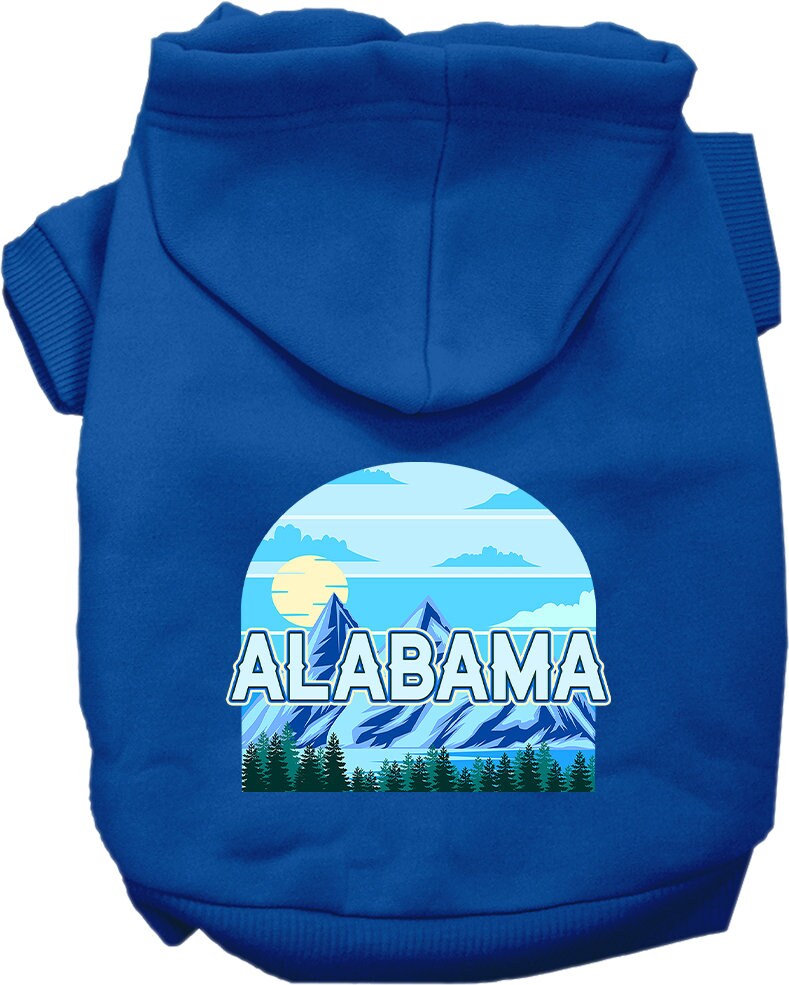A small to medium pet wearing a soft, warm hoodie with the Alabama Trailblazer design, showcasing its stylish and durable features.