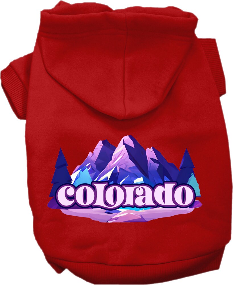A cozy screen printed hoodie for small to medium pets, featuring the Colorado Alpine Pawscape design, perfect for dogs and cats.