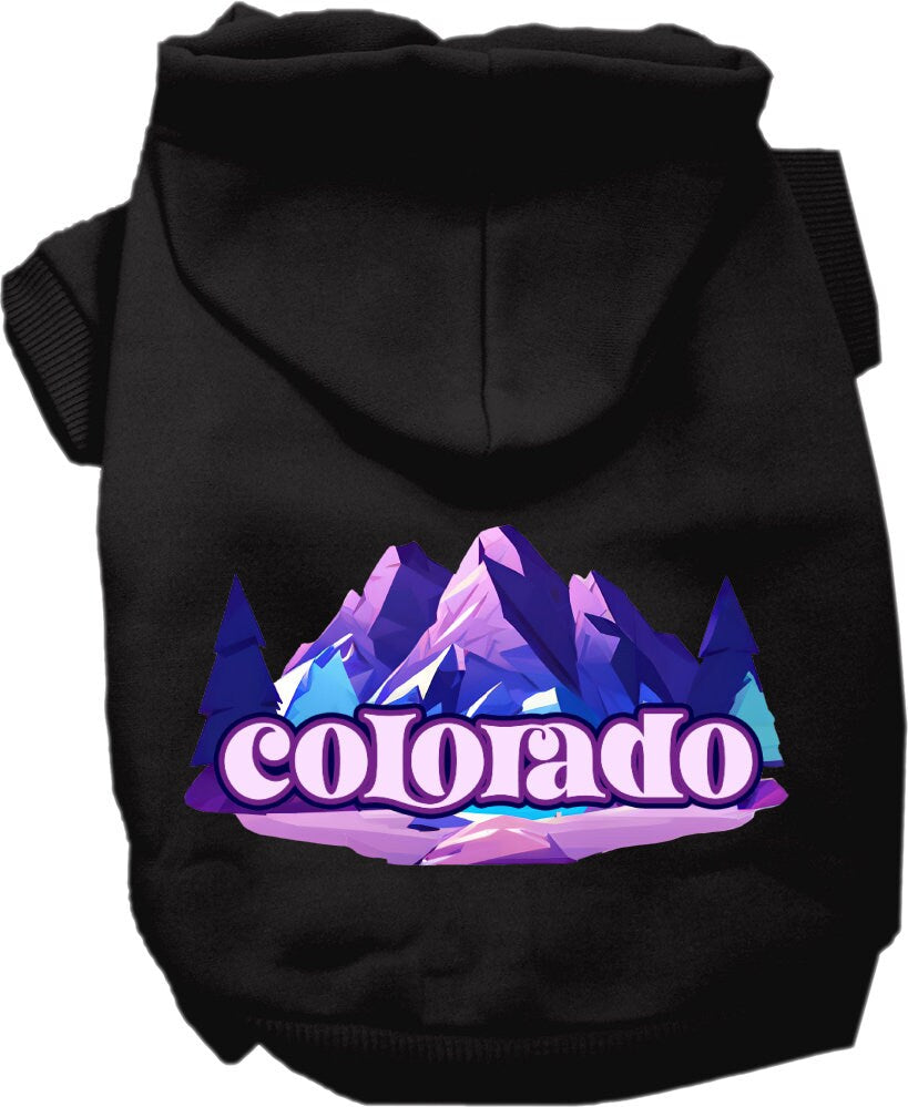 A cozy screen printed hoodie for small to medium pets, featuring the Colorado Alpine Pawscape design, perfect for dogs and cats.