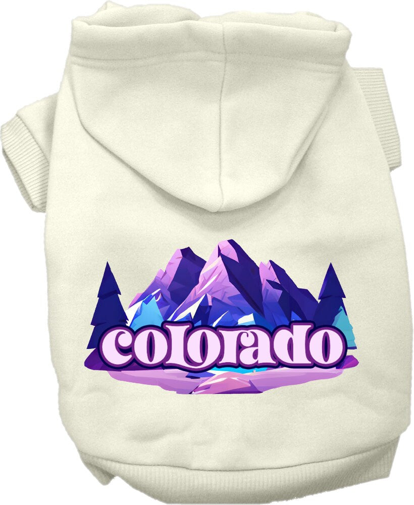 A cozy screen printed hoodie for small to medium pets, featuring the Colorado Alpine Pawscape design, perfect for dogs and cats.