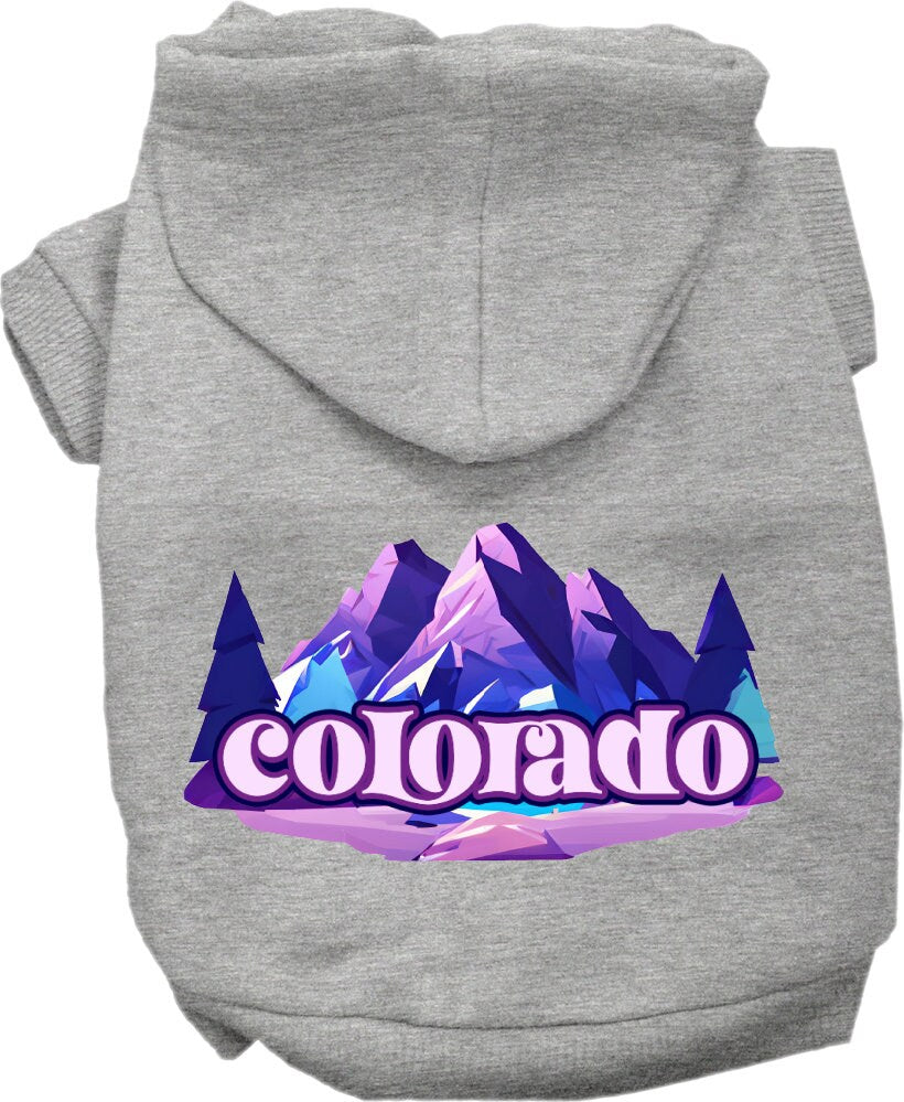 A cozy screen printed hoodie for small to medium pets, featuring the Colorado Alpine Pawscape design, perfect for dogs and cats.