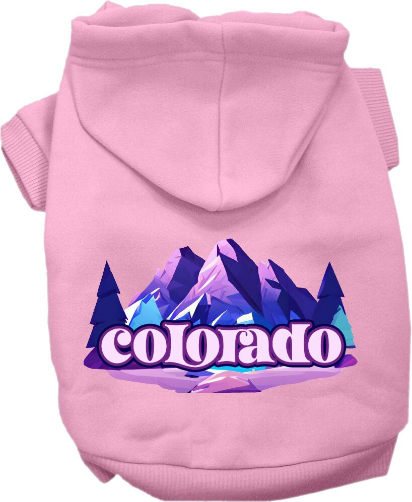 A cozy screen printed hoodie for small to medium pets, featuring the Colorado Alpine Pawscape design, perfect for dogs and cats.