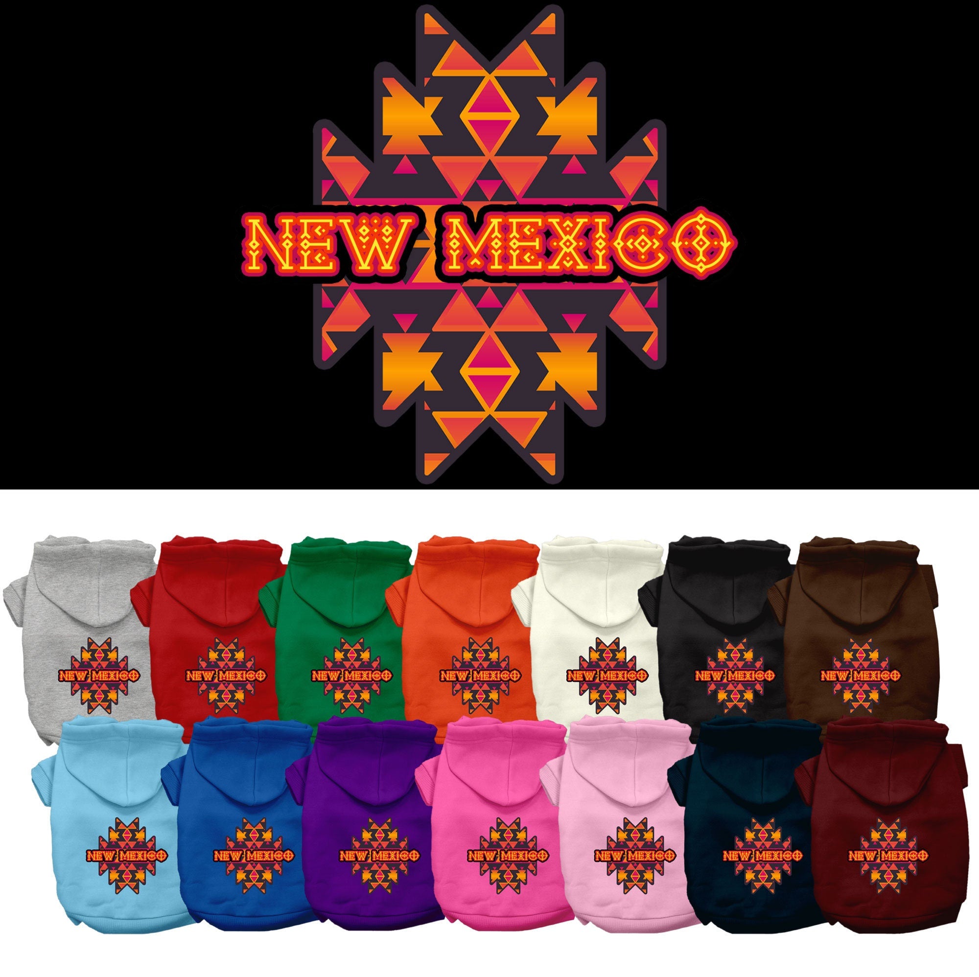A cozy screen printed hoodie for small to medium pets featuring a New Mexico Navajo Tribal design, perfect for dogs and cats.