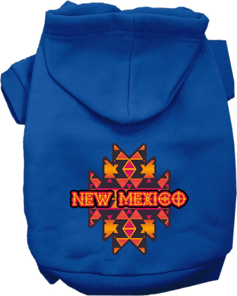 A cozy screen printed hoodie for small to medium pets featuring a New Mexico Navajo Tribal design, perfect for dogs and cats.