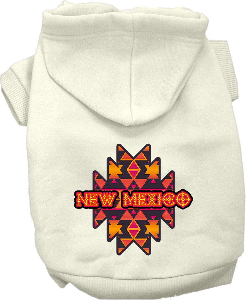 A cozy screen printed hoodie for small to medium pets featuring a New Mexico Navajo Tribal design, perfect for dogs and cats.