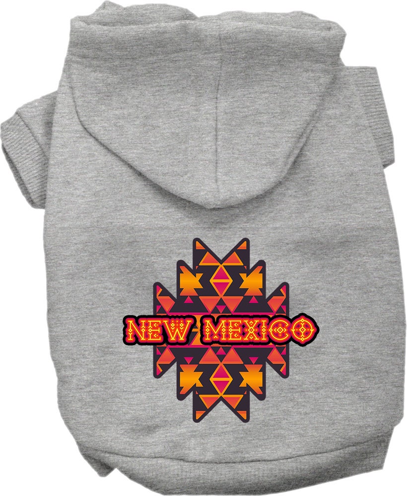 A cozy screen printed hoodie for small to medium pets featuring a New Mexico Navajo Tribal design, perfect for dogs and cats.