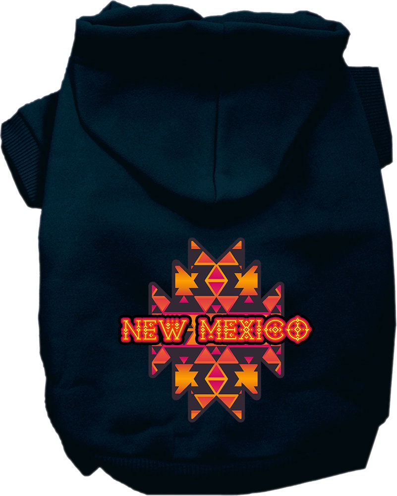 A cozy screen printed hoodie for small to medium pets featuring a New Mexico Navajo Tribal design, perfect for dogs and cats.