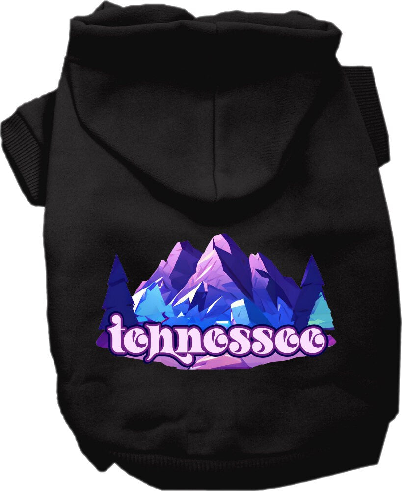 A cozy screen printed hoodie for small to medium pets, featuring the Tennessee Alpine Pawscape design, perfect for dogs and cats.