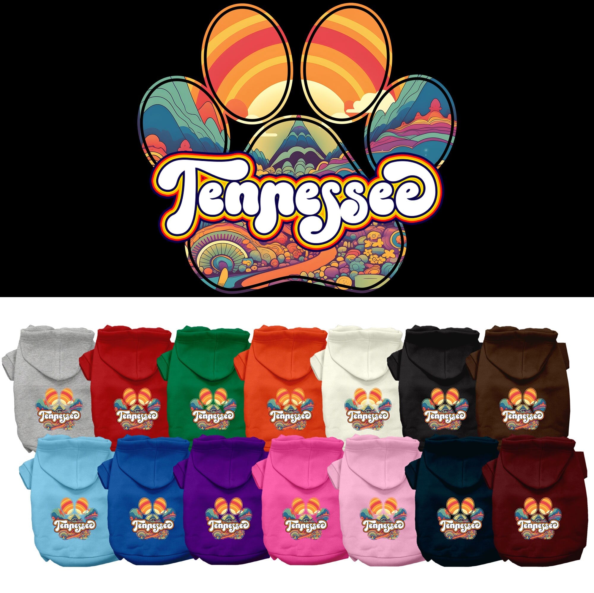 A small to medium pet wearing a cozy screen printed hoodie with a 'Tennessee Groovy Summit' design, showcasing its soft fabric and convenient leash access.