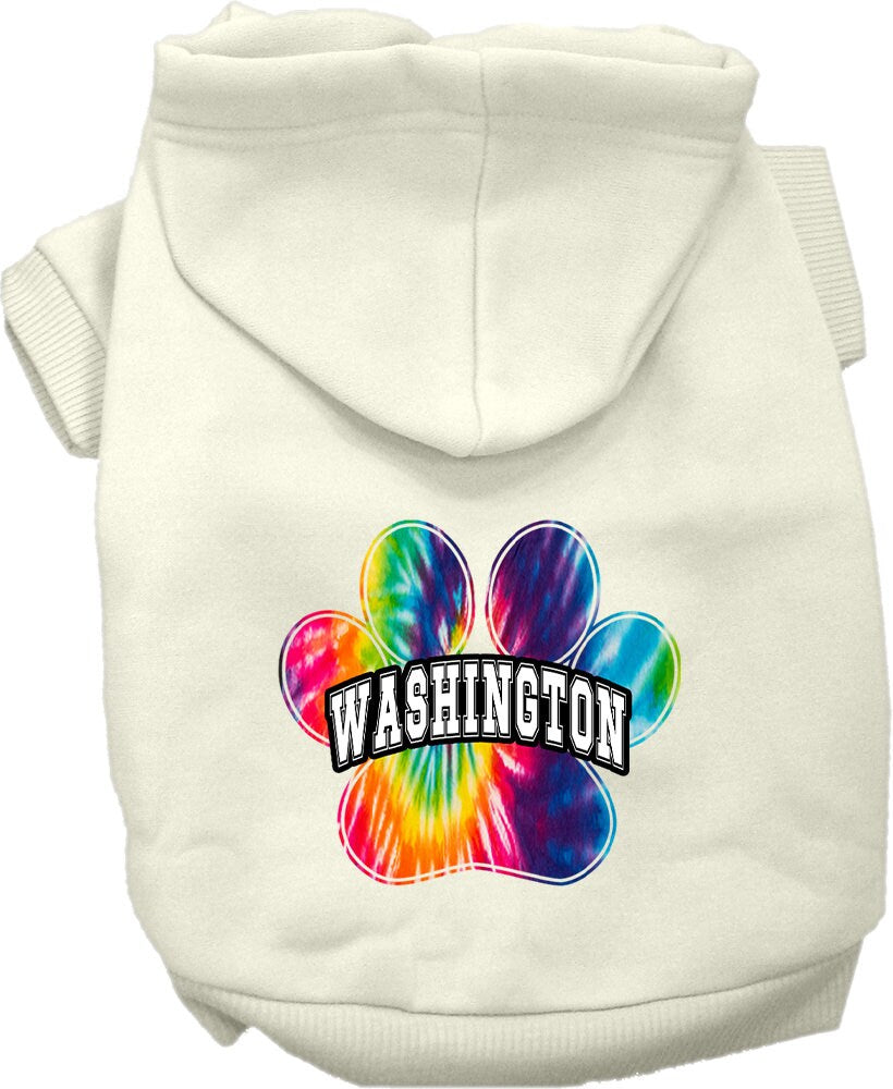 A small to medium pet wearing a colorful Washington Bright Tie Dye hoodie, showcasing its soft fabric and stylish design.